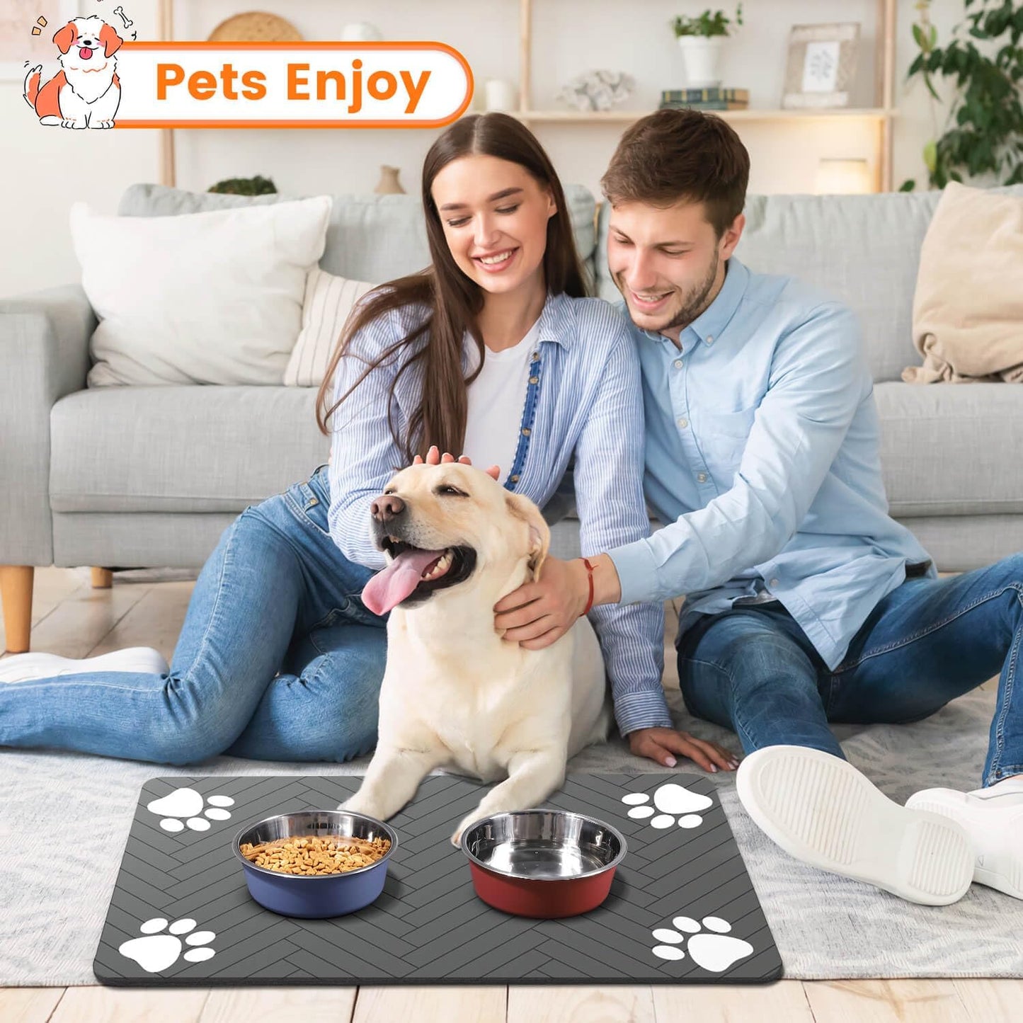 Pet Feeding Mat-Absorbent Pet Placemat for Food and Water Bowl, with Waterproof Rubber Backing, Quick Dry Water Dispenser Mat for Dog and Cat (12"X20", Striped Dark Gray)