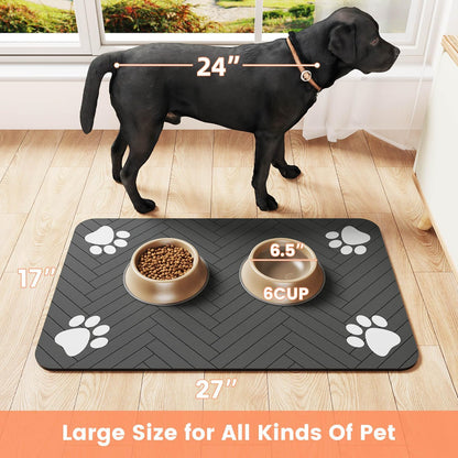 Pet Feeding Mat-Absorbent Pet Placemat for Food and Water Bowl, with Waterproof Rubber Backing, Quick Dry Water Dispenser Mat for Dog and Cat (12"X20", Striped Dark Gray)