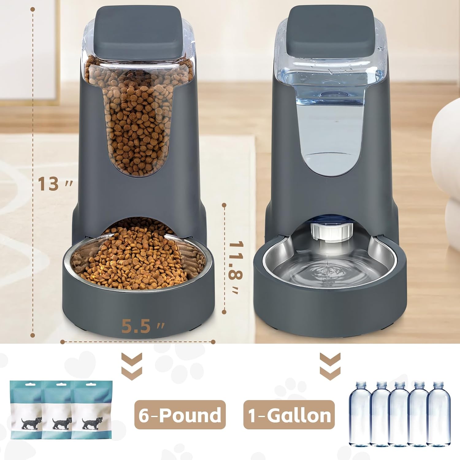 Automatic Cat Feeder and Water Dispenser with Stainless Steel Bowl Dog Gravity Food Feeder and Waterer for Small Medium Pets Puppy Kitten 1 Gallon X 2