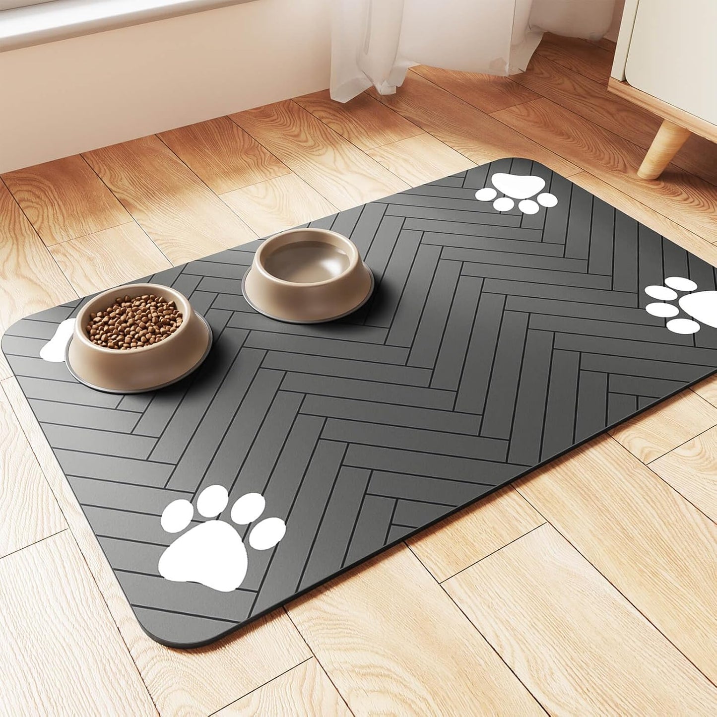 Pet Feeding Mat-Absorbent Pet Placemat for Food and Water Bowl, with Waterproof Rubber Backing, Quick Dry Water Dispenser Mat for Dog and Cat (12"X20", Striped Dark Gray)