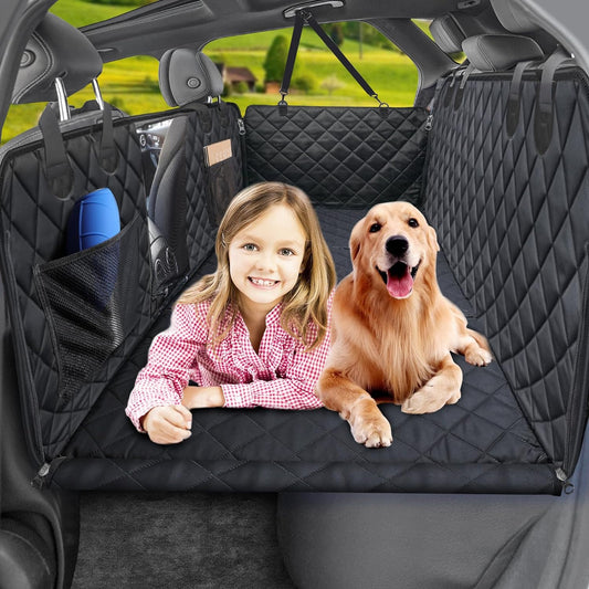 Back Seat Extender for Dogs, Dog Car Seat Cover Hard Bottom Holds 400 Lbs, Waterproof Dog Hammock for Car Pet Backseat Protector with Mesh Window, Large Space Dog Travel Bed for Car & SUV